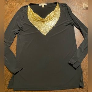 Michael Kors Black Elegant Blouse Size M Long Sleeve Gold Accent Neckline -NWOT